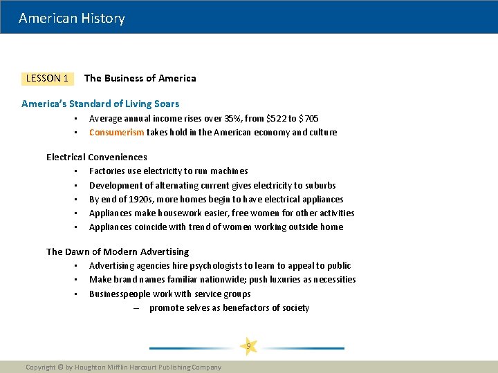 American History The Business of America LESSON 1 America’s Standard of Living Soars • American History The Business of America LESSON 1 America’s Standard of Living Soars •
