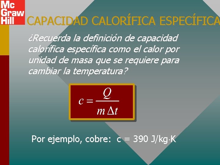 CAPACIDAD CALORÍFICA ESPECÍFICA ¿Recuerda la definición de capacidad calorífica específica como el calor por