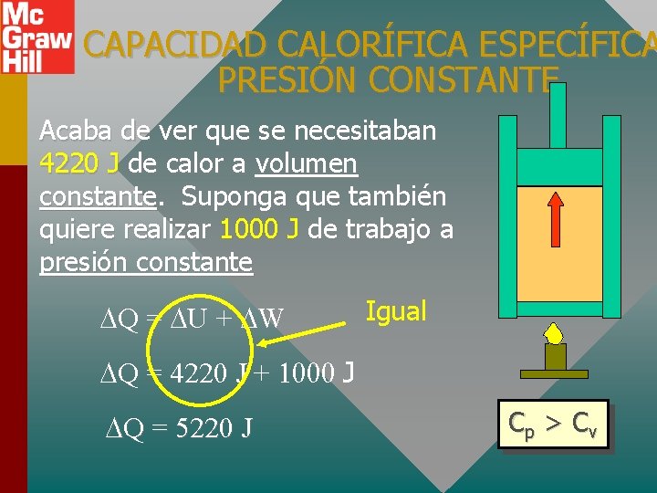 CAPACIDAD CALORÍFICA ESPECÍFICA PRESIÓN CONSTANTE Acaba de ver que se necesitaban 4220 J de