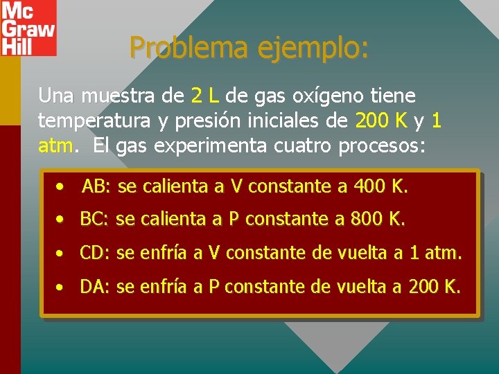 Problema ejemplo: Una muestra de 2 L de gas oxígeno tiene temperatura y presión