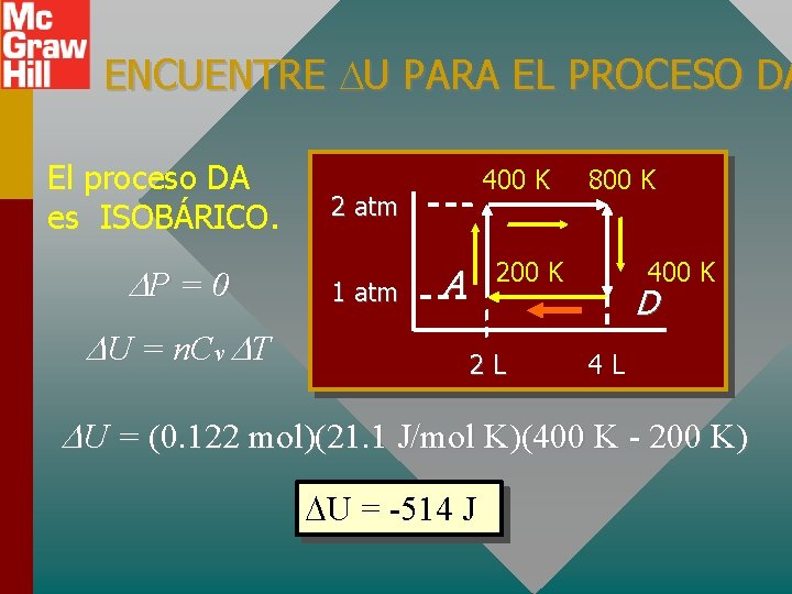 ENCUENTRE U PARA EL PROCESO DA El proceso DA es ISOBÁRICO. P = 0