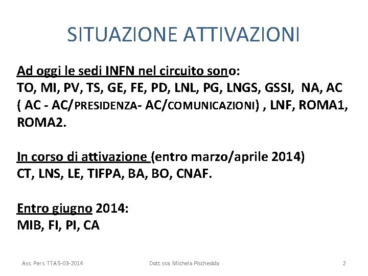 SITUAZIONE ATTIVAZIONI Ad oggi le sedi INFN nel circuito sono: TO, MI, PV, TS,