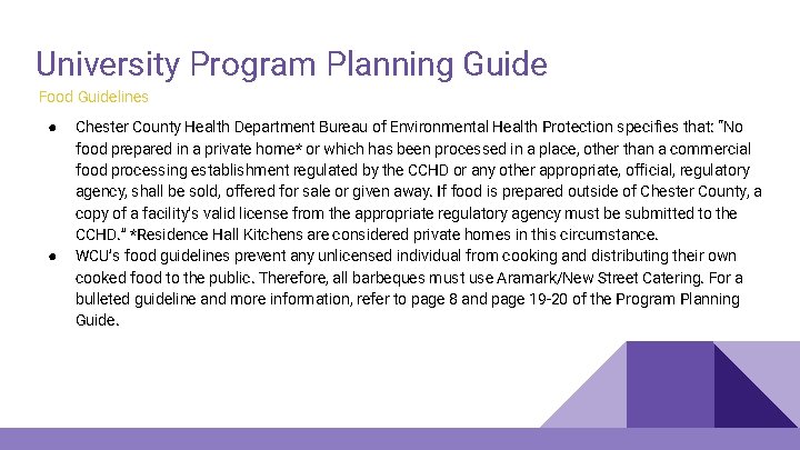 University Program Planning Guide Food Guidelines ● ● Chester County Health Department Bureau of