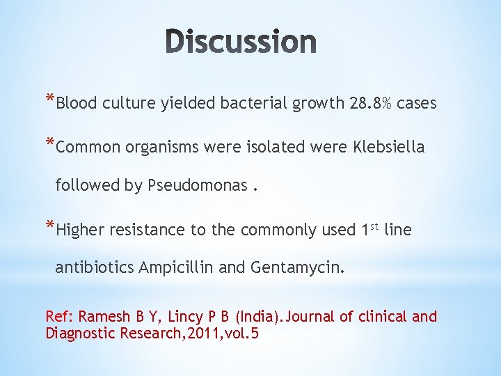 *Blood culture yielded bacterial growth 28. 8% cases *Common organisms were isolated were Klebsiella