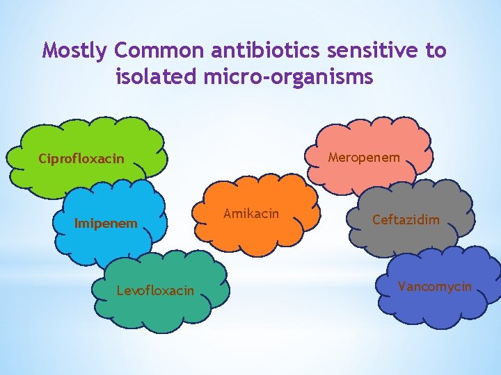 Mostly Common antibiotics sensitive to isolated micro-organisms Meropenem Ciprofloxacin Imipenem Levofloxacin Amikacin Ceftazidim Vancomycin