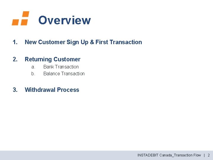 Overview 1. New Customer Sign Up & First Transaction 2. Returning Customer a. b.