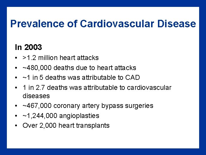 Prevalence of Cardiovascular Disease In 2003 • • >1. 2 million heart attacks ~480, Prevalence of Cardiovascular Disease In 2003 • • >1. 2 million heart attacks ~480,