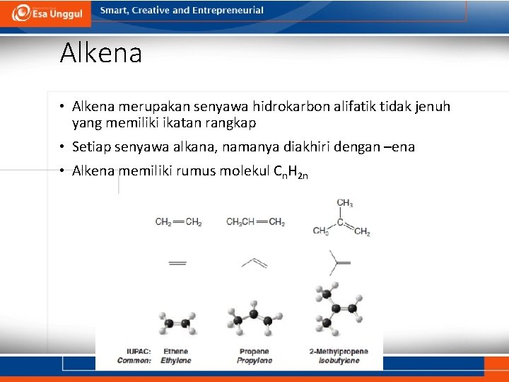 Alkena • Alkena merupakan senyawa hidrokarbon alifatik tidak jenuh yang memiliki ikatan rangkap •
