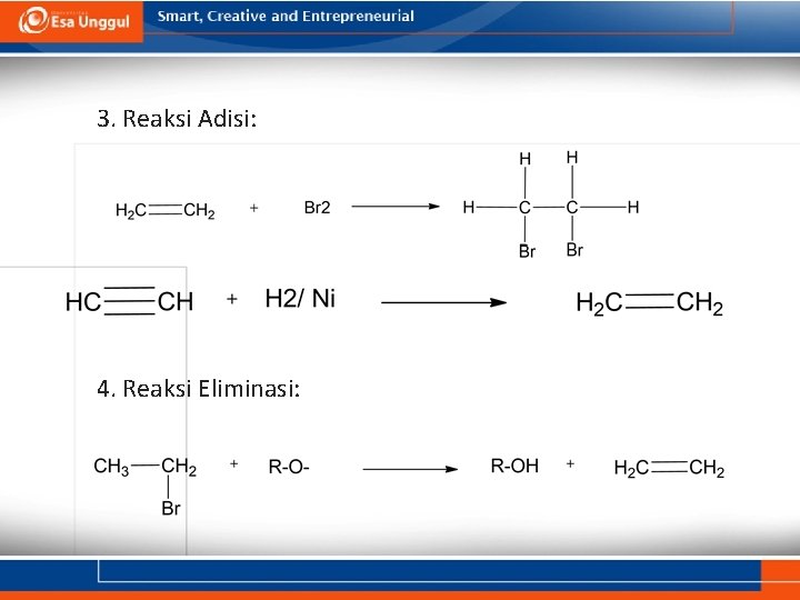 3. Reaksi Adisi: 4. Reaksi Eliminasi: 