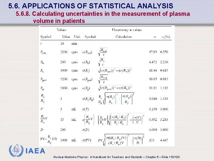 5. 6. APPLICATIONS OF STATISTICAL ANALYSIS 5. 6. 8. Calculating uncertainties in the measurement