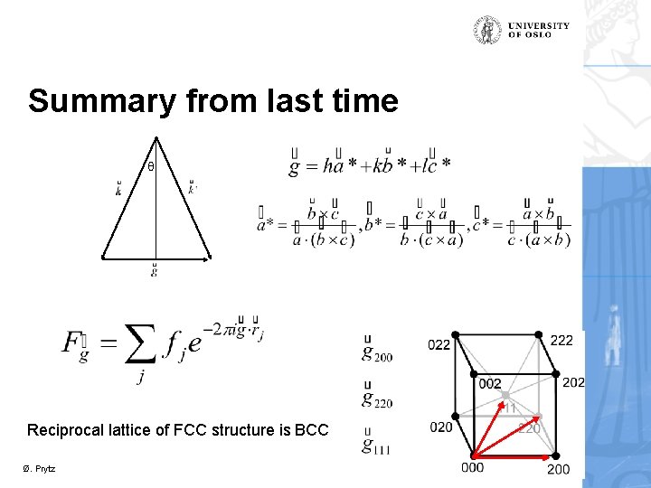 Summary from last time θ Reciprocal lattice of FCC structure is BCC Ø. Prytz