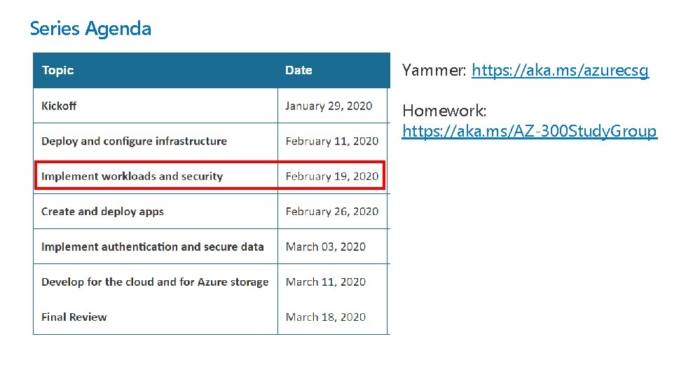 Series Agenda Yammer: https: //aka. ms/azurecsg Homework: https: //aka. ms/AZ-300 Study. Group 