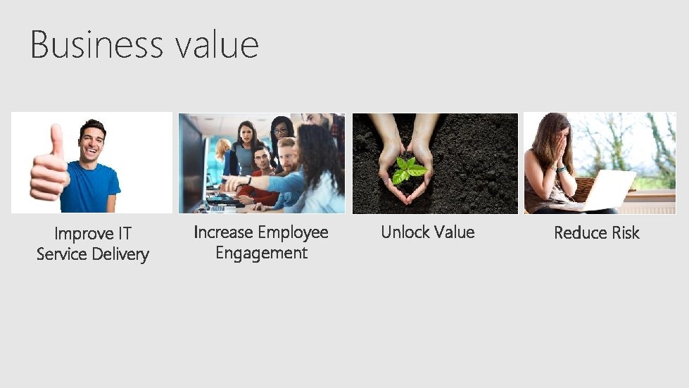 Business value Improve IT Service Delivery Increase Employee Engagement Unlock Value Reduce Risk 