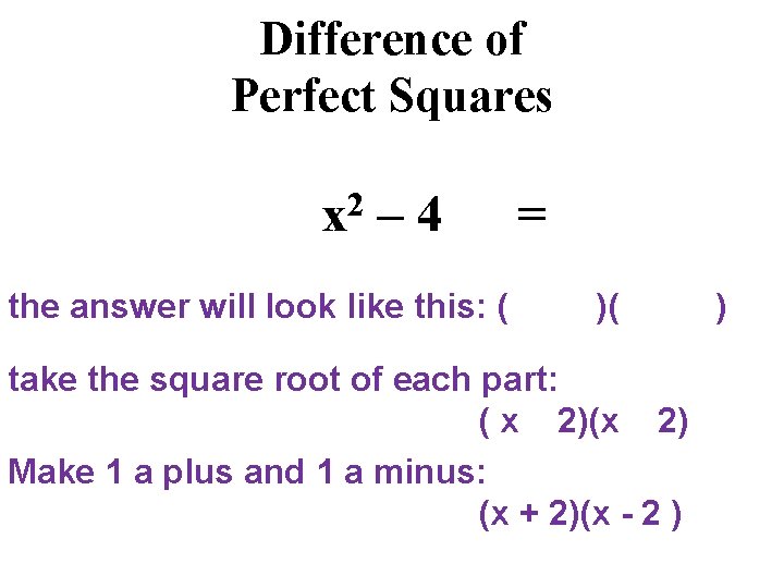 Difference of Perfect Squares x 2 – 4 the answer will look like this: