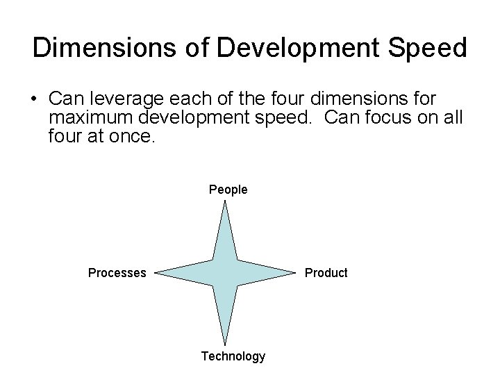 Dimensions of Development Speed • Can leverage each of the four dimensions for maximum