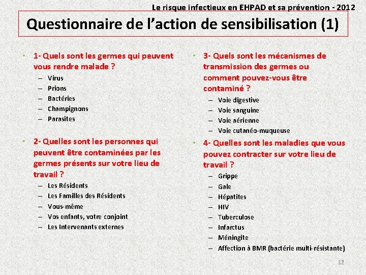 Le risque infectieux en EHPAD et sa prévention - 2012 Questionnaire de l’action de