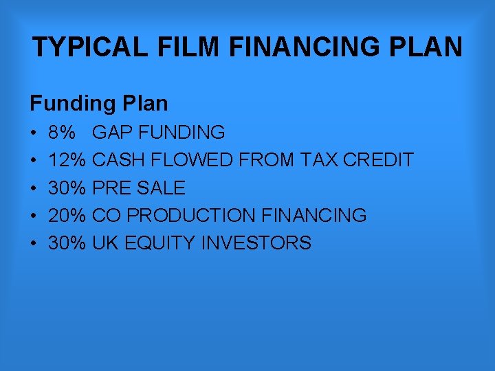 TYPICAL FILM FINANCING PLAN Funding Plan • • • 8% GAP FUNDING 12% CASH