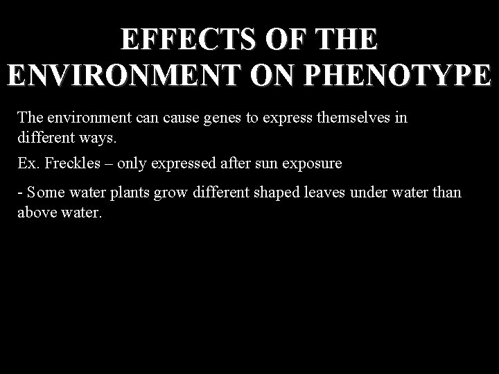EFFECTS OF THE ENVIRONMENT ON PHENOTYPE The environment can cause genes to express themselves