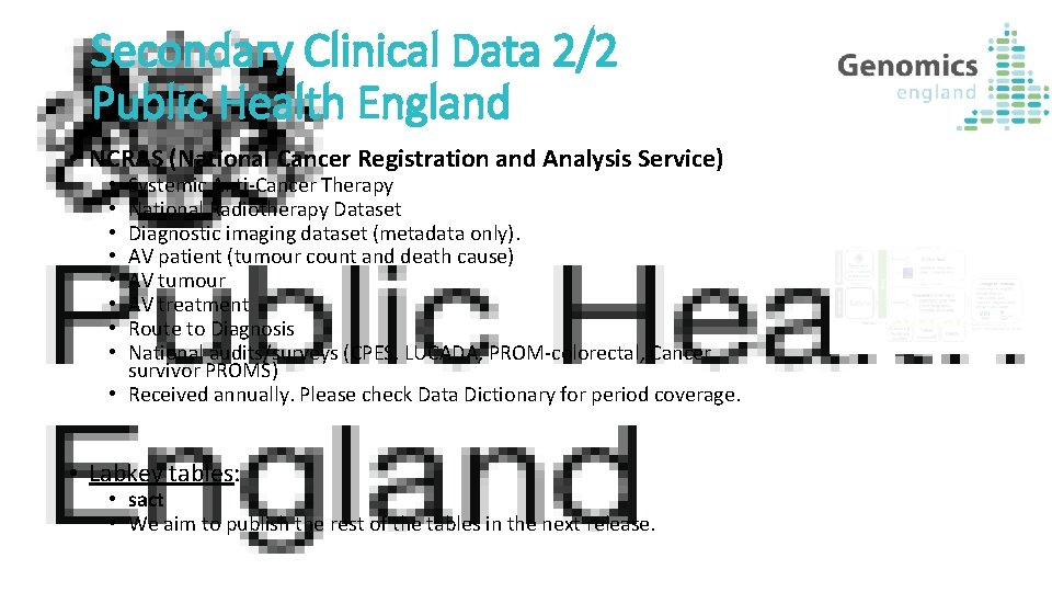 Secondary Clinical Data 2/2 Public Health England • NCRAS (National Cancer Registration and Analysis