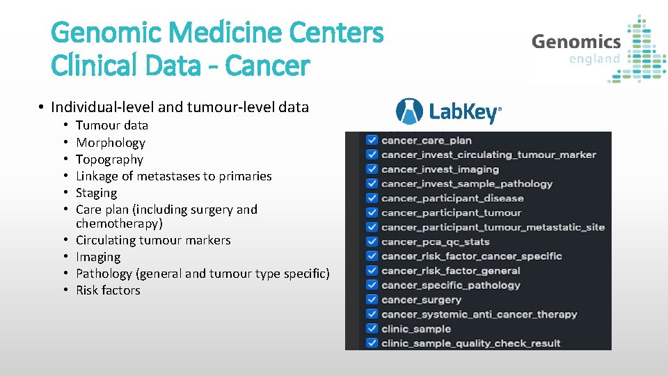 Genomic Medicine Centers Clinical Data - Cancer • Individual-level and tumour-level data • •