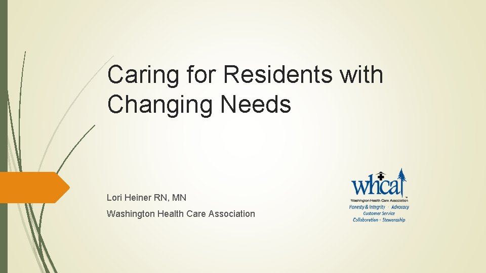 Caring for Residents with Changing Needs Lori Heiner RN, MN Washington Health Care Association