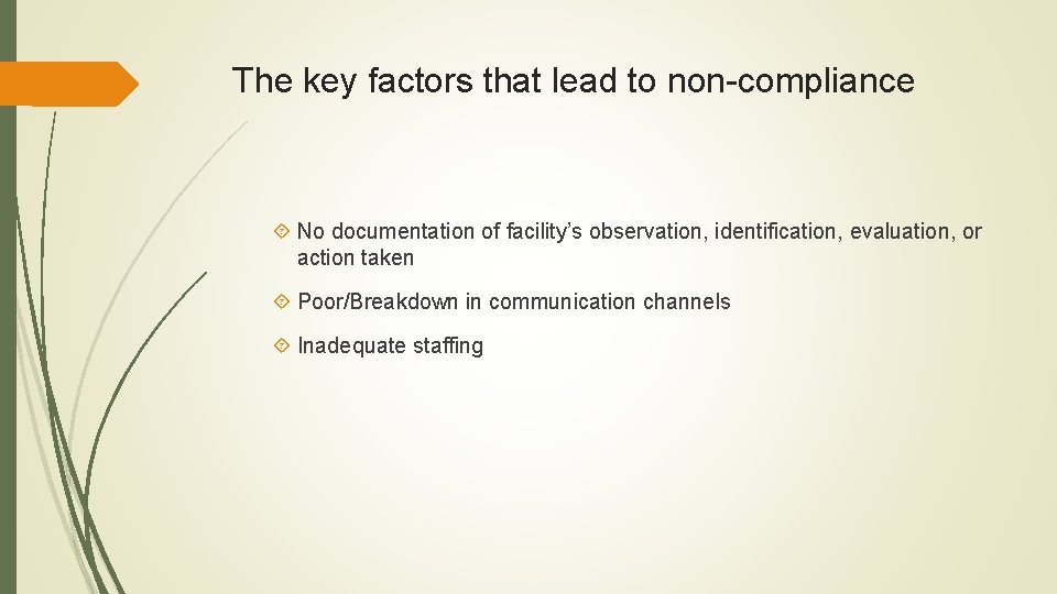 The key factors that lead to non-compliance No documentation of facility’s observation, identification, evaluation,