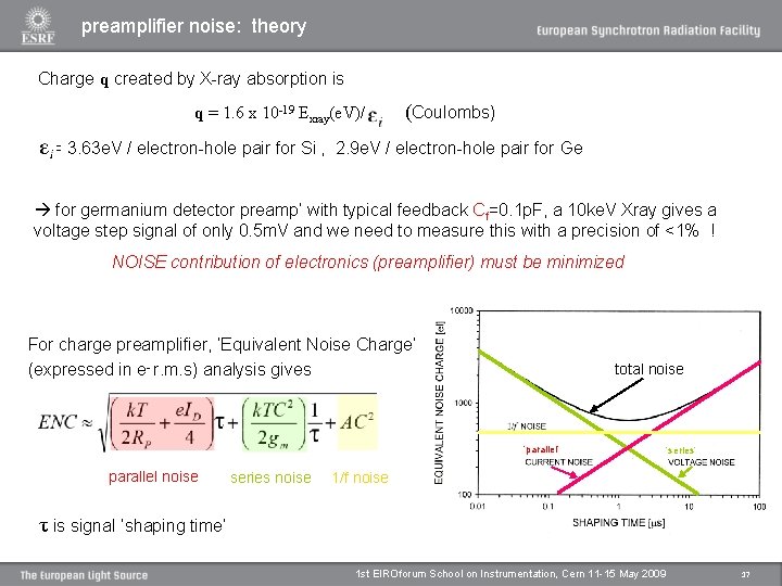 preamplifier noise: theory Charge q created by X-ray absorption is q = 1. 6 preamplifier noise: theory Charge q created by X-ray absorption is q = 1. 6