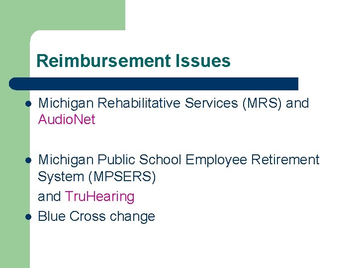 Reimbursement Issues l Michigan Rehabilitative Services (MRS) and Audio. Net l Michigan Public School