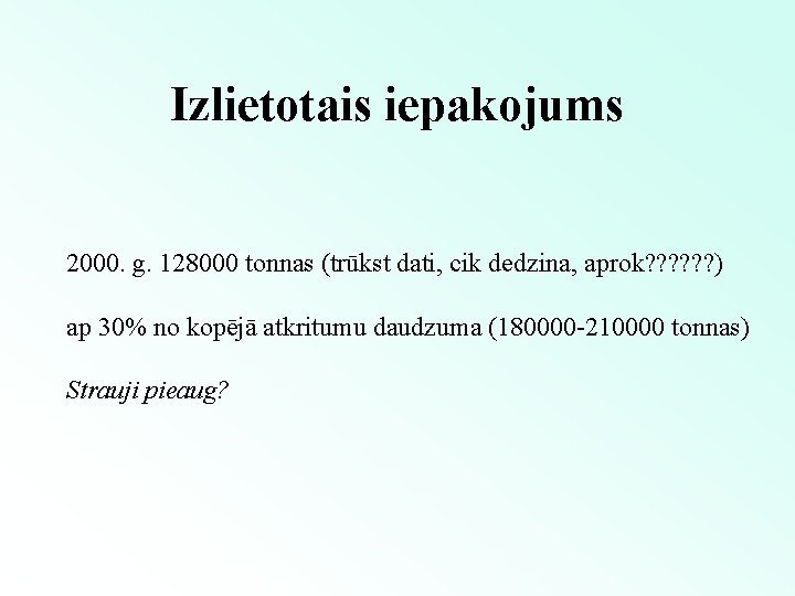 Izlietotais iepakojums 2000. g. 128000 tonnas (trūkst dati, cik dedzina, aprok? ? ? )