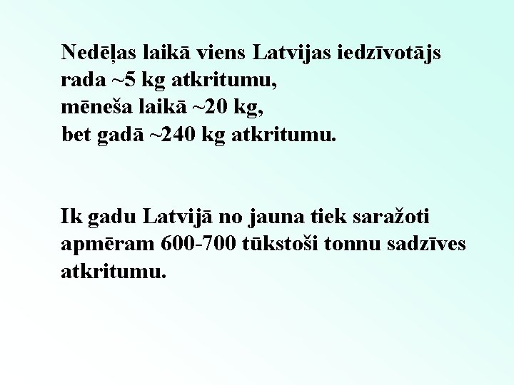 Nedēļas laikā viens Latvijas iedzīvotājs rada ~5 kg atkritumu, mēneša laikā ~20 kg, bet