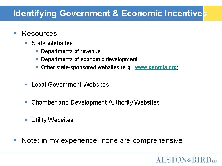 Identifying Government & Economic Incentives § Resources § State Websites § Departments of revenue