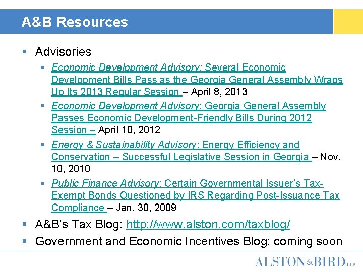 A&B Resources § Advisories § Economic Development Advisory: Several Economic Development Bills Pass as