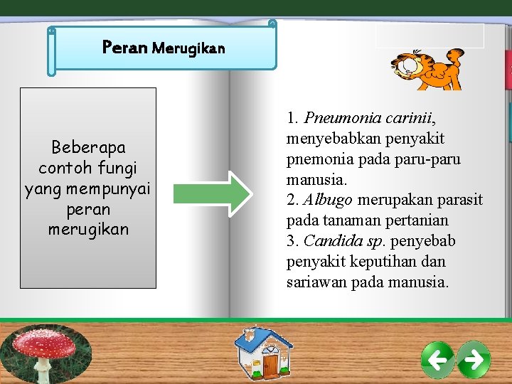 Peran Merugikan Beberapa contoh fungi yang mempunyai peran merugikan 1. Pneumonia carinii, menyebabkan penyakit