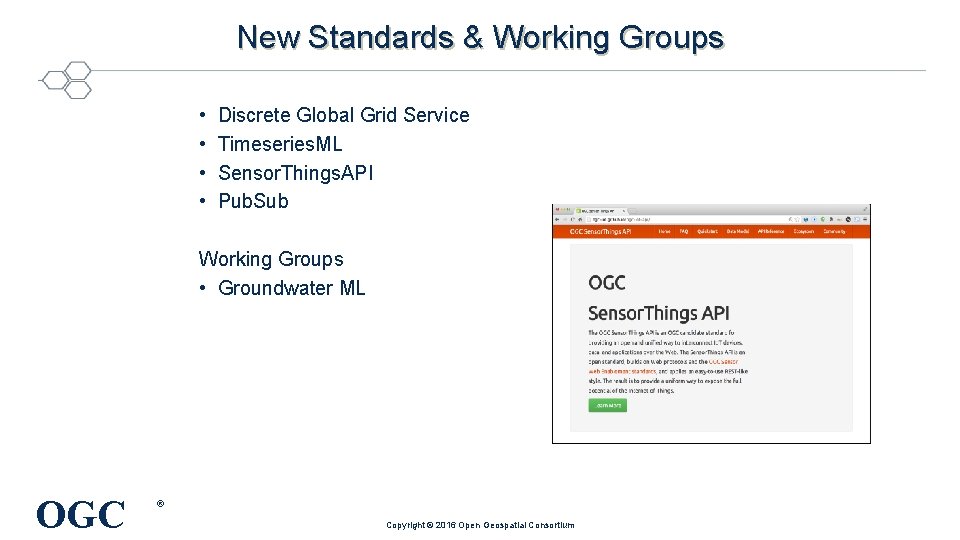 New Standards & Working Groups • • Discrete Global Grid Service Timeseries. ML Sensor.