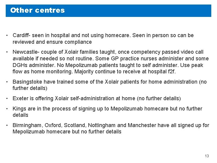 Other centres • Cardiff- seen in hospital and not using homecare. Seen in person