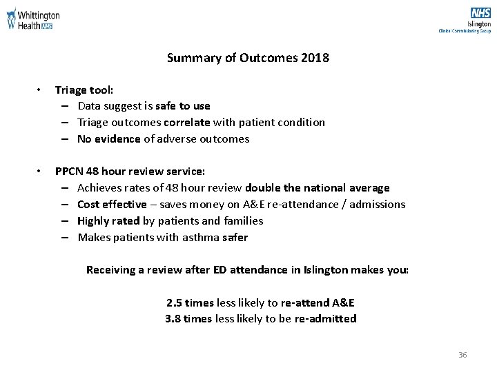 Summary of Outcomes 2018 • Triage tool: – Data suggest is safe to use