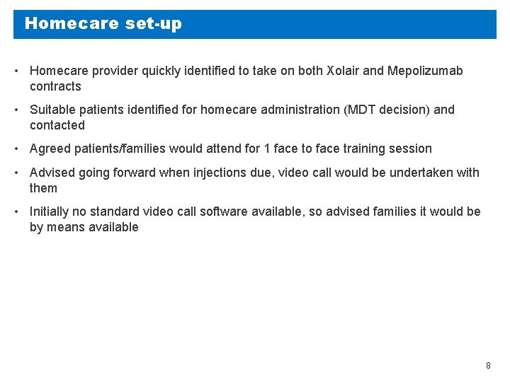 Homecare set-up • Homecare provider quickly identified to take on both Xolair and Mepolizumab