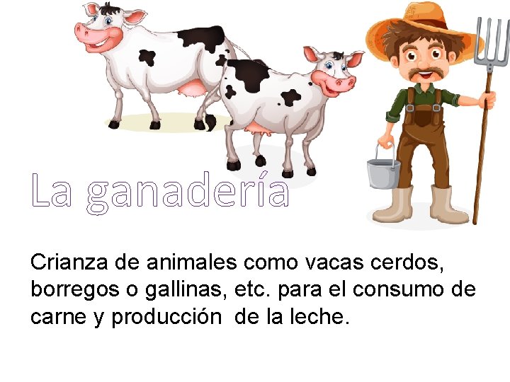 La ganadería Crianza de animales como vacas cerdos, borregos o gallinas, etc. para el