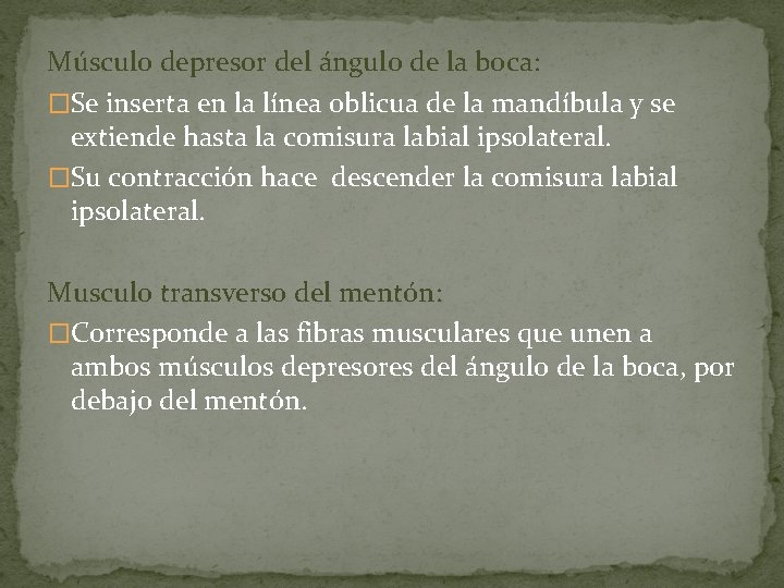 Músculo depresor del ángulo de la boca: �Se inserta en la línea oblicua de