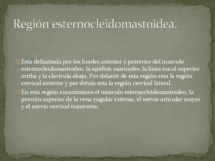 Región esternocleidomastoidea. � Esta delimitada por los bordes anterior y posterior del musculo esternocleidomastoideo,