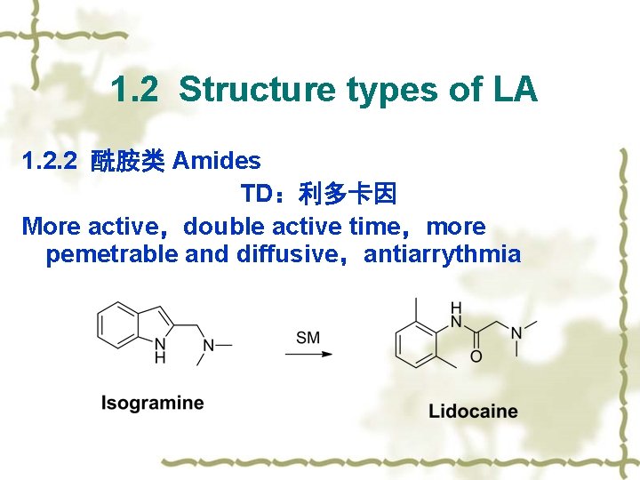 1. 2 Structure types of LA 1. 2. 2 酰胺类 Amides TD：利多卡因 More active，double