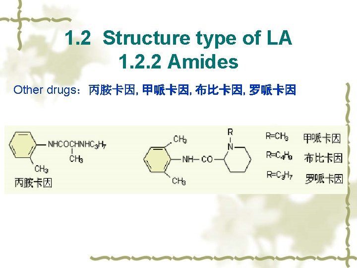 1. 2 Structure type of LA 1. 2. 2 Amides Other drugs：丙胺卡因, 甲哌卡因, 布比卡因,