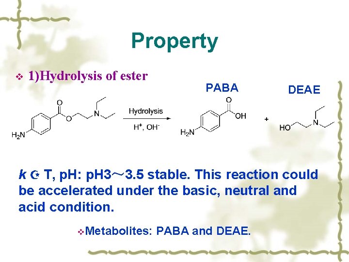 Property v 1)Hydrolysis of ester PABA DEAE k T, p. H: p. H 3～