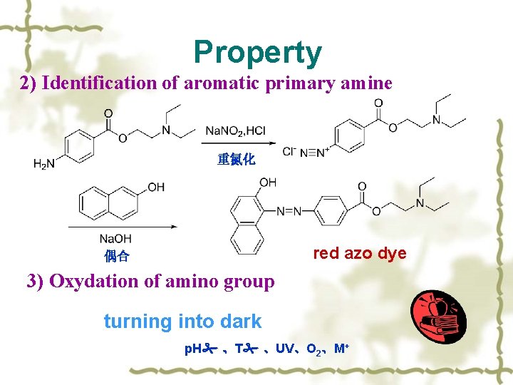 Property 2) Identification of aromatic primary amine 重氮化 red azo dye 偶合 3) Oxydation
