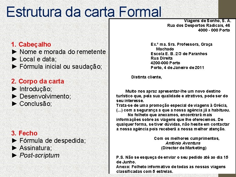 Estrutura da carta Formal 1. Cabeçalho ► Nome e morada do remetente ► Local