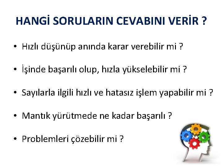 HANGİ SORULARIN CEVABINI VERİR ? • Hızlı düşünüp anında karar verebilir mi ? •