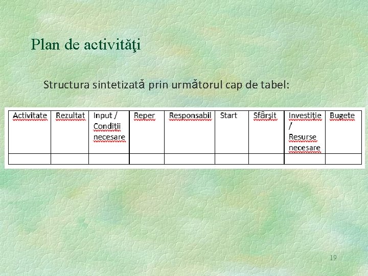 Plan de activitǎţi Structura sintetizatǎ prin urmǎtorul cap de tabel: 19 