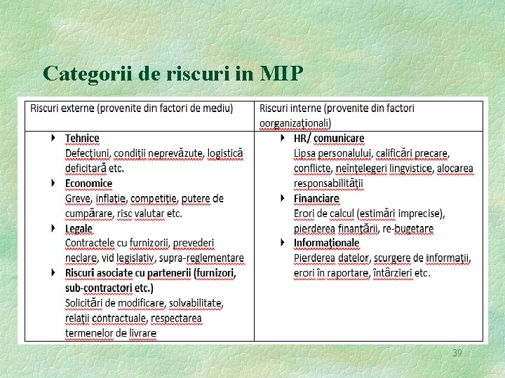 Categorii de riscuri in MIP 39 