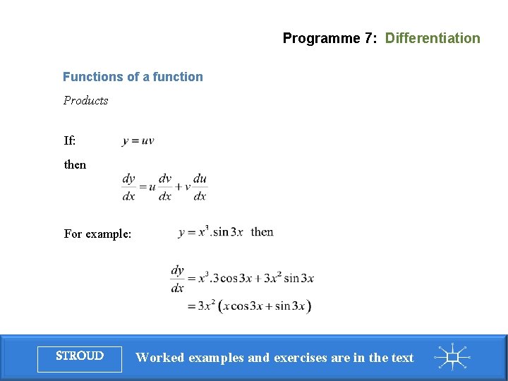 Programme 7: Differentiation Functions of a function Products If: then For example: STROUD Worked