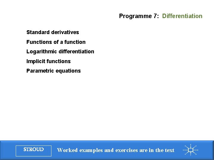 Programme 7: Differentiation Standard derivatives Functions of a function Logarithmic differentiation Implicit functions Parametric